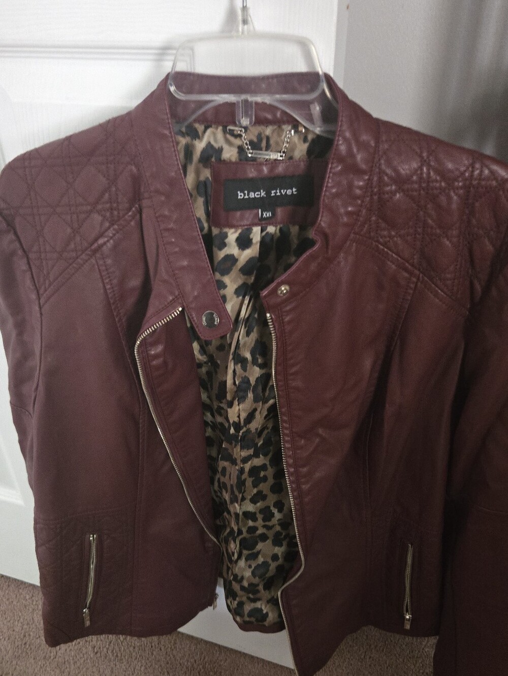 Women’s Quilted Faux Leather Moto Jacket - Burgundy